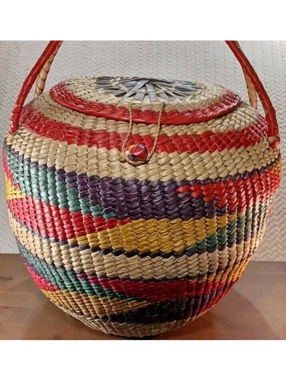 Mexican Folk Art Woven Palm Leaf Basket w/ Lid & Handle - Vintage - 18"x18"x16"